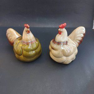 Pair Ceramic Chicken Gloss Farmhouse Country Rustic Kitchen Decor Rooster